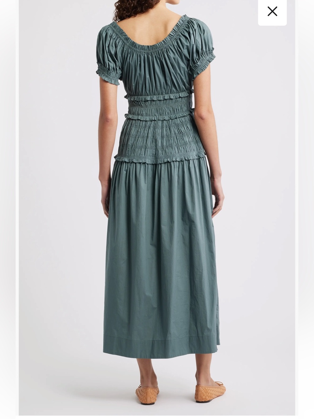 new Doen Leanne Smock Waist Tiered Organic Cotton Dress in Lagoon sea blue green - Picture 4 of 9